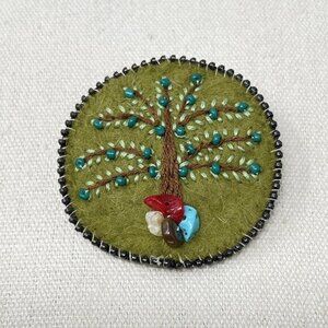 Tree of Life‎ Felt Brooch Handmade Beaded Embroidered Green Natural
